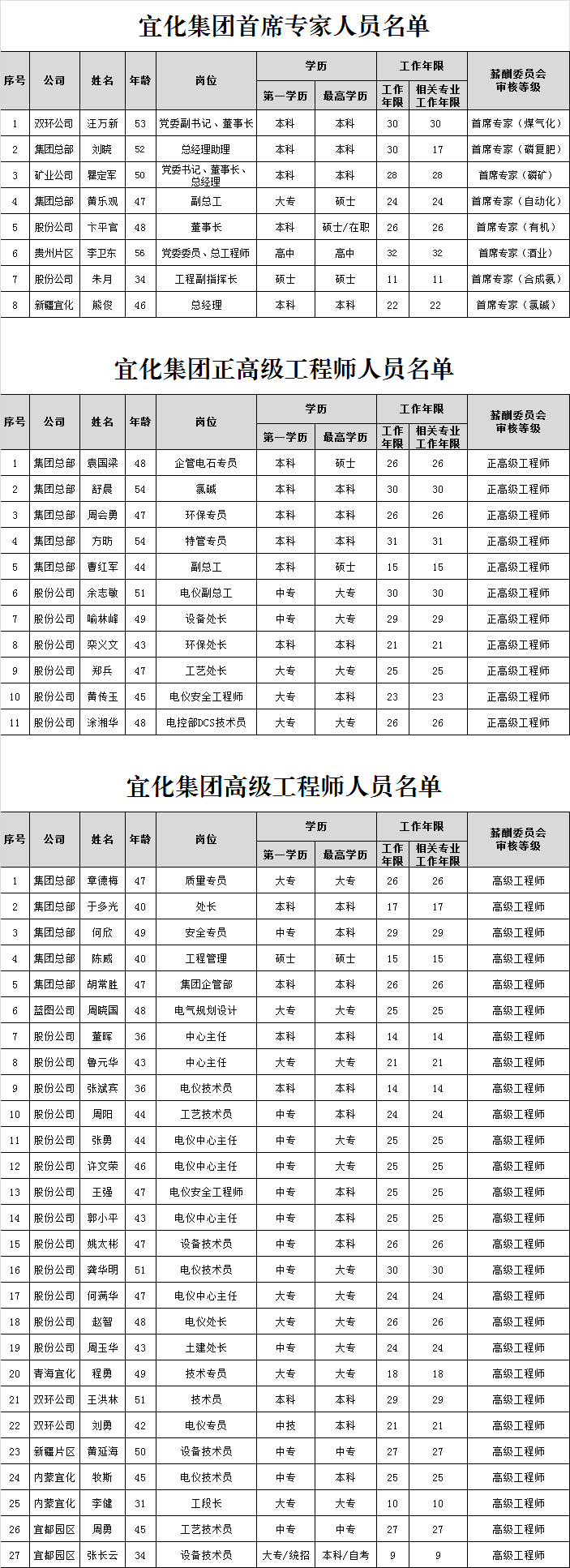 宜化集團(tuán)首席專家、正高級工程師、高級工程師評審結(jié)果公示